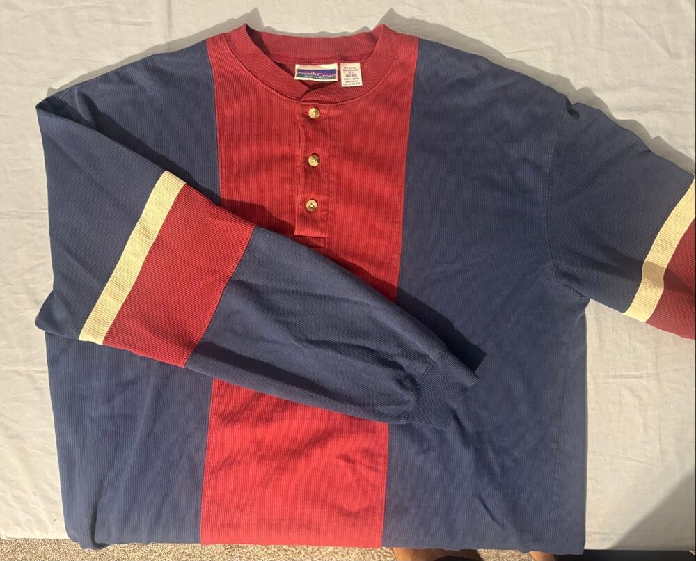 Vtg Mens Sweatshirt XLT Red Blue Colorblock Stripe Henley 90s Retro Northcrest
